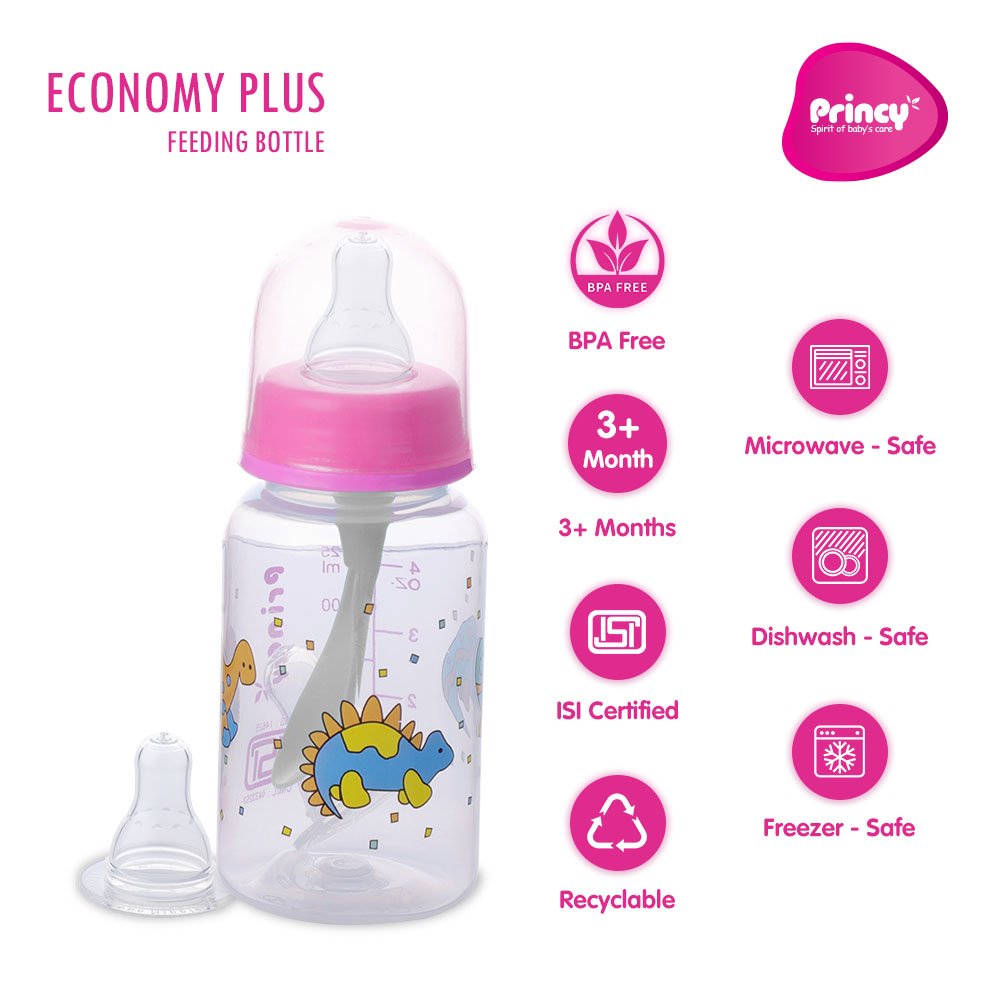 Princy Economy Plus PP Feeding Bottle with LSR Nipple - 125ml (Pink) - Image 2