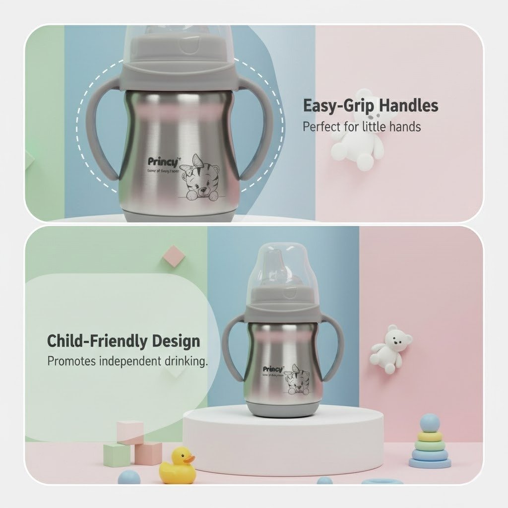 Princy Stainless Steel Water Bottle for Kids with Handle – Wide Neck Silicone Nipple – Steel Baby Bottle, 6+ Months (Blue) - Image 9